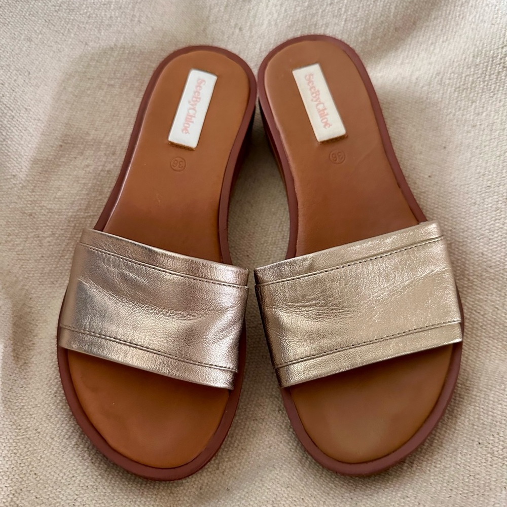 SEE BY CHLOE Robin Metallic Gold Genuine Leather Slide Wedge Sandals size 36